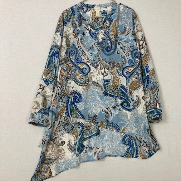 Chico's Paisley Y Neck Layered Asymmetric Long Sleeve Tunic size XL 3 - Picture 1 of 9